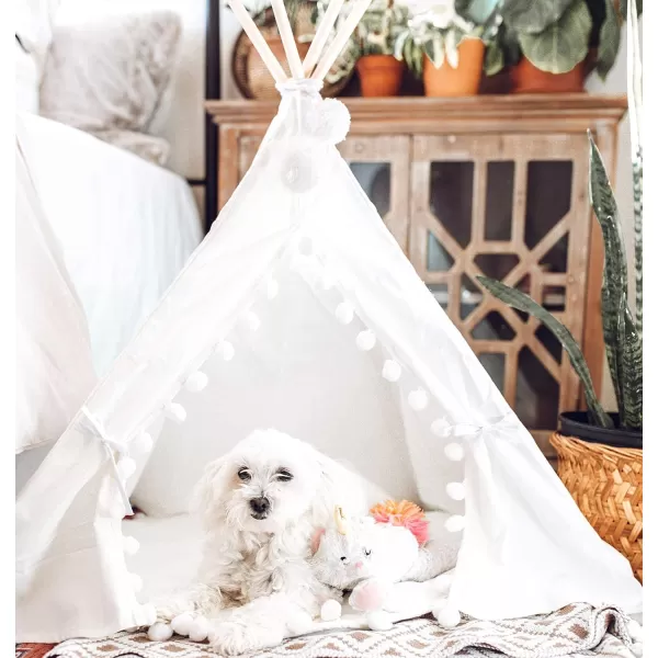 imagelittle dove Pet Teepee House Fold Away Pet Tent Furniture Cat Bed with Cushion 28 Inch White Pompomlittle dove Pet Teepee House Fold Away Pet Tent Furniture Cat Bed with Cushion 28 Inch White Pompom