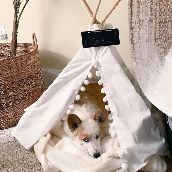 imagelittle dove Pet Teepee House Fold Away Pet Tent Furniture Cat Bed with Cushion 28 Inch White Pompomlittle dove Pet Teepee House Fold Away Pet Tent Furniture Cat Bed with Cushion 28 Inch White Pompom