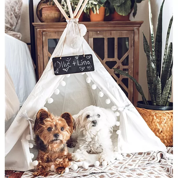 imagelittle dove Pet Teepee House Fold Away Pet Tent Furniture Cat Bed with Cushion 28 Inch White Pompomlittle dove Pet Teepee House Fold Away Pet Tent Furniture Cat Bed with Cushion 28 Inch White Pompom