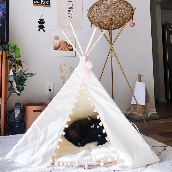 imagelittle dove Pet Teepee House Fold Away Pet Tent Furniture Cat Bed with Cushion 28 Inch White Pompomlittle dove Pet Teepee House Fold Away Pet Tent Furniture Cat Bed with Cushion 28 Inch White Pompom
