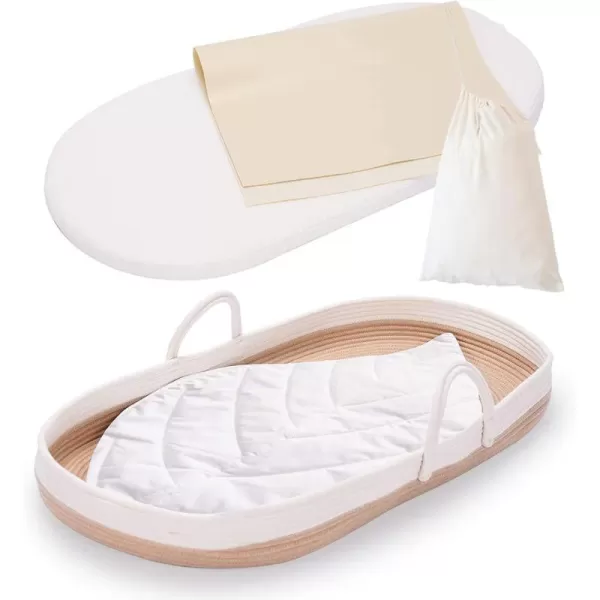 imageBaby Changing Basket Portable Cotton Moses Basket for Babies Nursery Set with Waterproof Leather PadThick Diaper Changing Pad Leaf Shape CushionStorage Bag Cotton Rope Changing Table TopperBrown Basket
