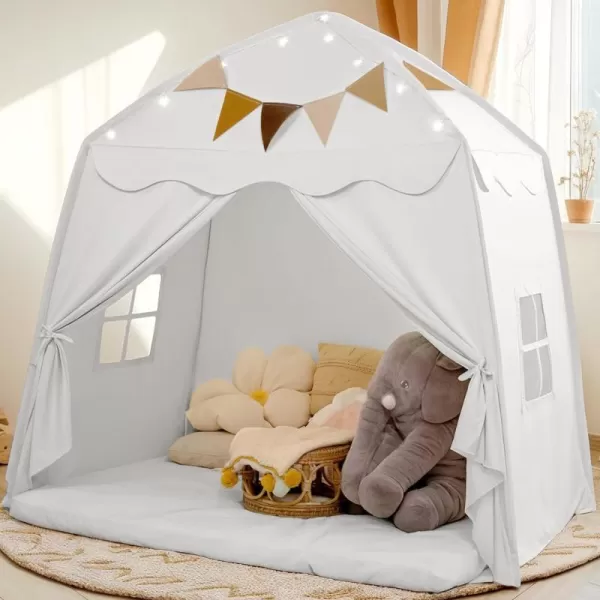 imageExtra Large Kids Play Tent with Flags amp Star Lights Portable amp Foldable Teepee Bed Tent Bed Canopy for Boys amp Girls Indoor Outdoor Dome Tent Playhouse Kids Birthday Gift 59x39x59 in CreamWhite