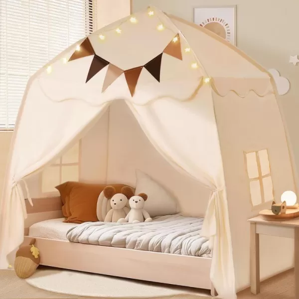 imageExtra Large Kids Play Tent with Flags amp Star Lights Portable amp Foldable Teepee Bed Tent Bed Canopy for Boys amp Girls Indoor Outdoor Dome Tent Playhouse Kids Birthday Gift 59x39x59 in CreamCream
