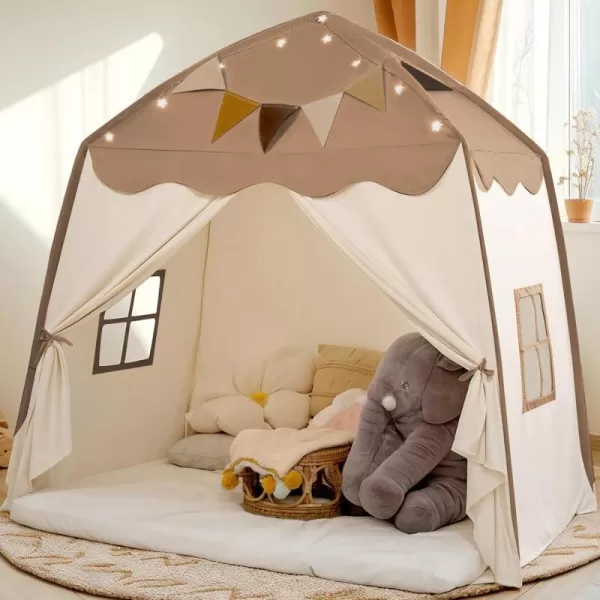 imageExtra Large Kids Play Tent with Flags amp Star Lights Portable amp Foldable Teepee Bed Tent Bed Canopy for Boys amp Girls Indoor Outdoor Dome Tent Playhouse Kids Birthday Gift 59x39x59 in CreamBrown