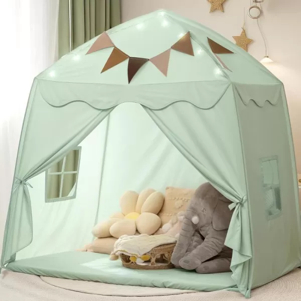imageExtra Large Kids Play Tent with Flags amp Star Lights Portable amp Foldable Teepee Bed Tent Bed Canopy for Boys amp Girls Indoor Outdoor Dome Tent Playhouse Kids Birthday Gift 59x39x59 in CreamGreen