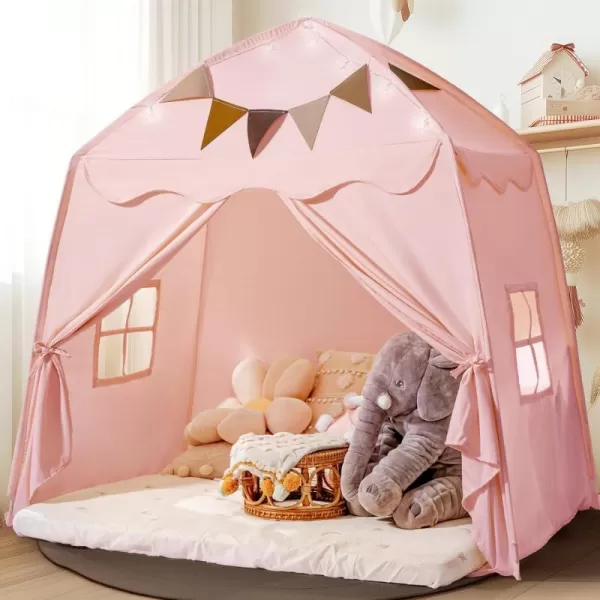 imageExtra Large Kids Play Tent with Flags amp Star Lights Portable amp Foldable Teepee Bed Tent Bed Canopy for Boys amp Girls Indoor Outdoor Dome Tent Playhouse Kids Birthday Gift 59x39x59 in CreamPink