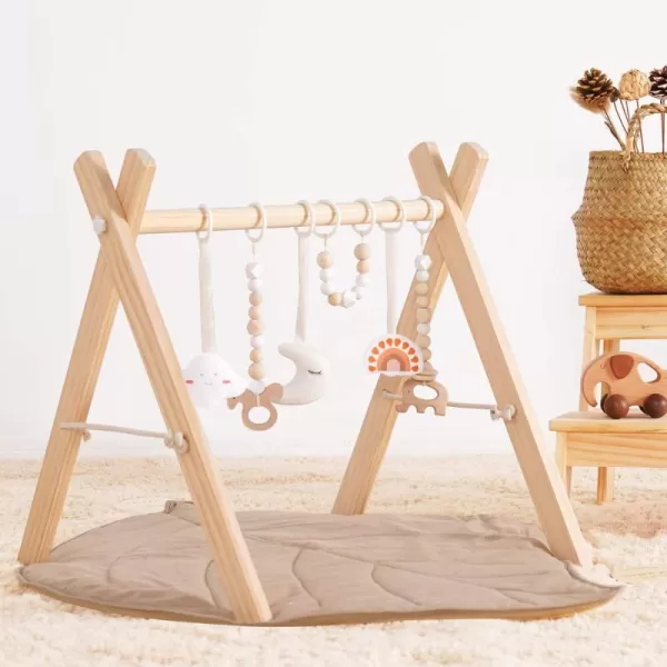 imageLittle Dove Baby Play Gym Wooden Play Gym with 6 Toys Foldable Baby Gym Frame Infant Activity Gym Hanging Bar Newborn Gift Baby Girl and Boy Gym Montessori ToyGym With Mat
