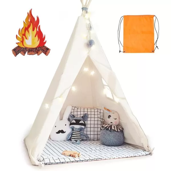 imageTeepee Tent for Kids Foldable Teepee Play Tent with Fairy Lights Carry Case Water Resistance Pretend Camp Fire Four Poles Style Raw White Color  New Version Tiny House little doveTeepee
