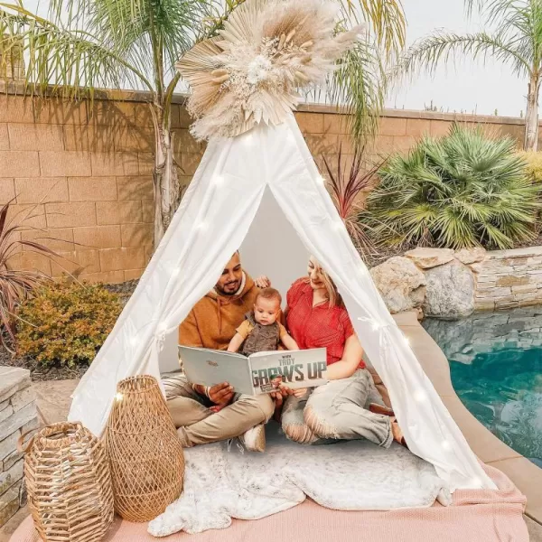 imageTeepee Tent for Kids Foldable Teepee Play Tent with Fairy Lights Carry Case Water Resistance Pretend Camp Fire Four Poles Style Raw White Color  New Version Tiny House little doveAdult Teepee