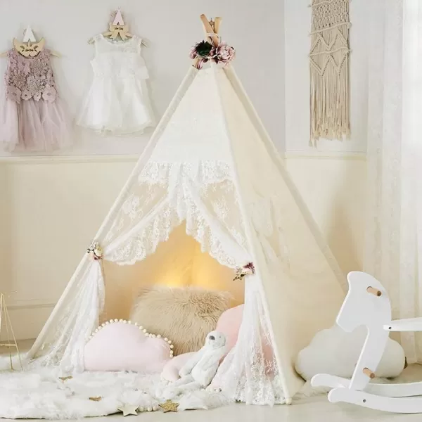 imageTeepee Tent for Kids Foldable Teepee Play Tent with Fairy Lights Carry Case Water Resistance Pretend Camp Fire Four Poles Style Raw White Color  New Version Tiny House little doveLace Style