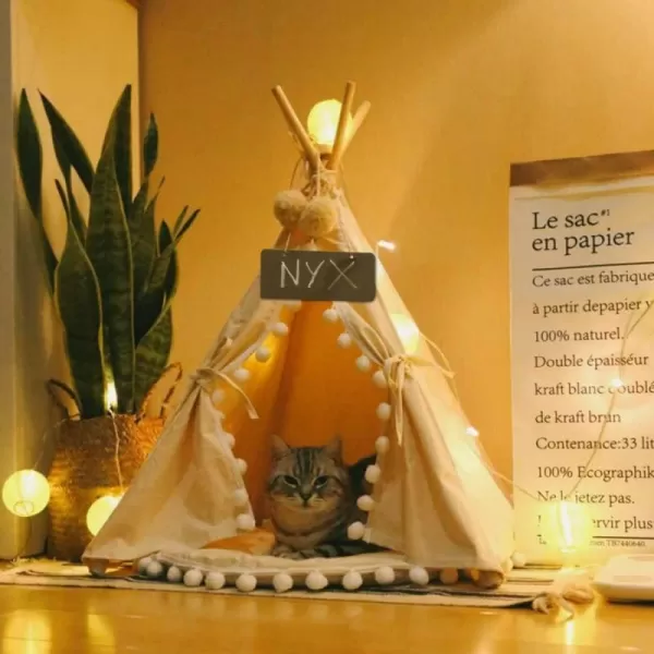 imagelittle dove Pet Teepee House Fold Away Pet Tent Furniture Cat Bed with Cushion 28 Inch Beige PompomBeige with Pad