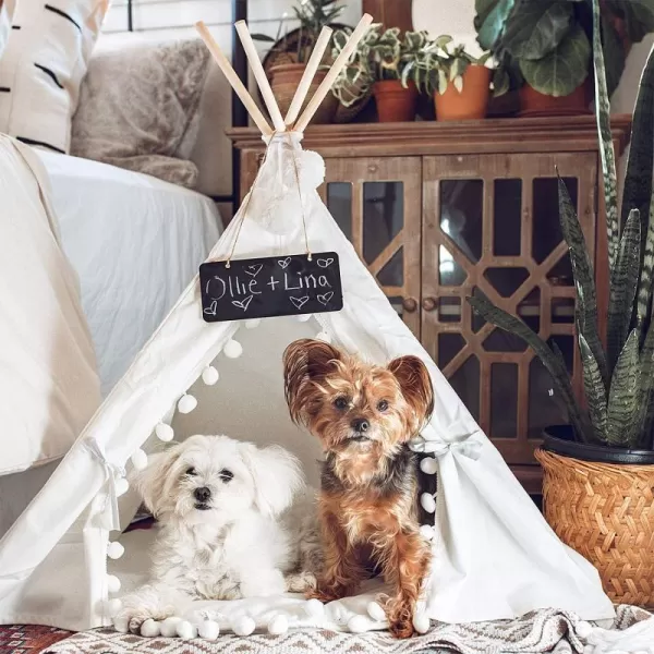 imagelittle dove Pet Teepee House Fold Away Pet Tent Furniture Cat Bed with Cushion 28 Inch White Pompomlittle dove Pet Teepee House Fold Away Pet Tent Furniture Cat Bed with Cushion 28 Inch White Pompom