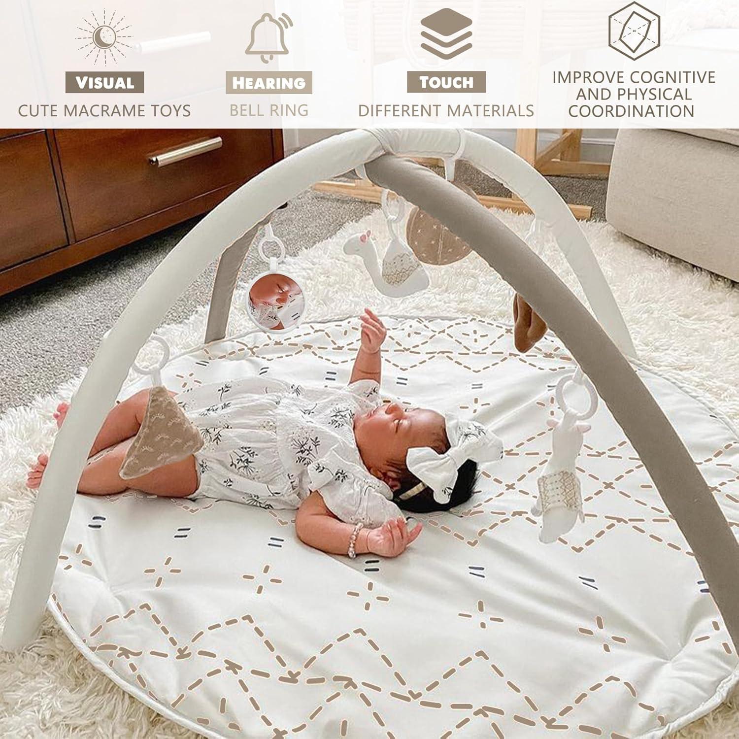 imageTummy Time Mat with 6 Toys Macrame Baby Play Mat for Newborn Baby Gym with 12 Milestone Cards StageBased Sensory and Motor Skill Development Baby Play Gym Non Slip Mat Washable KhakiKhaki