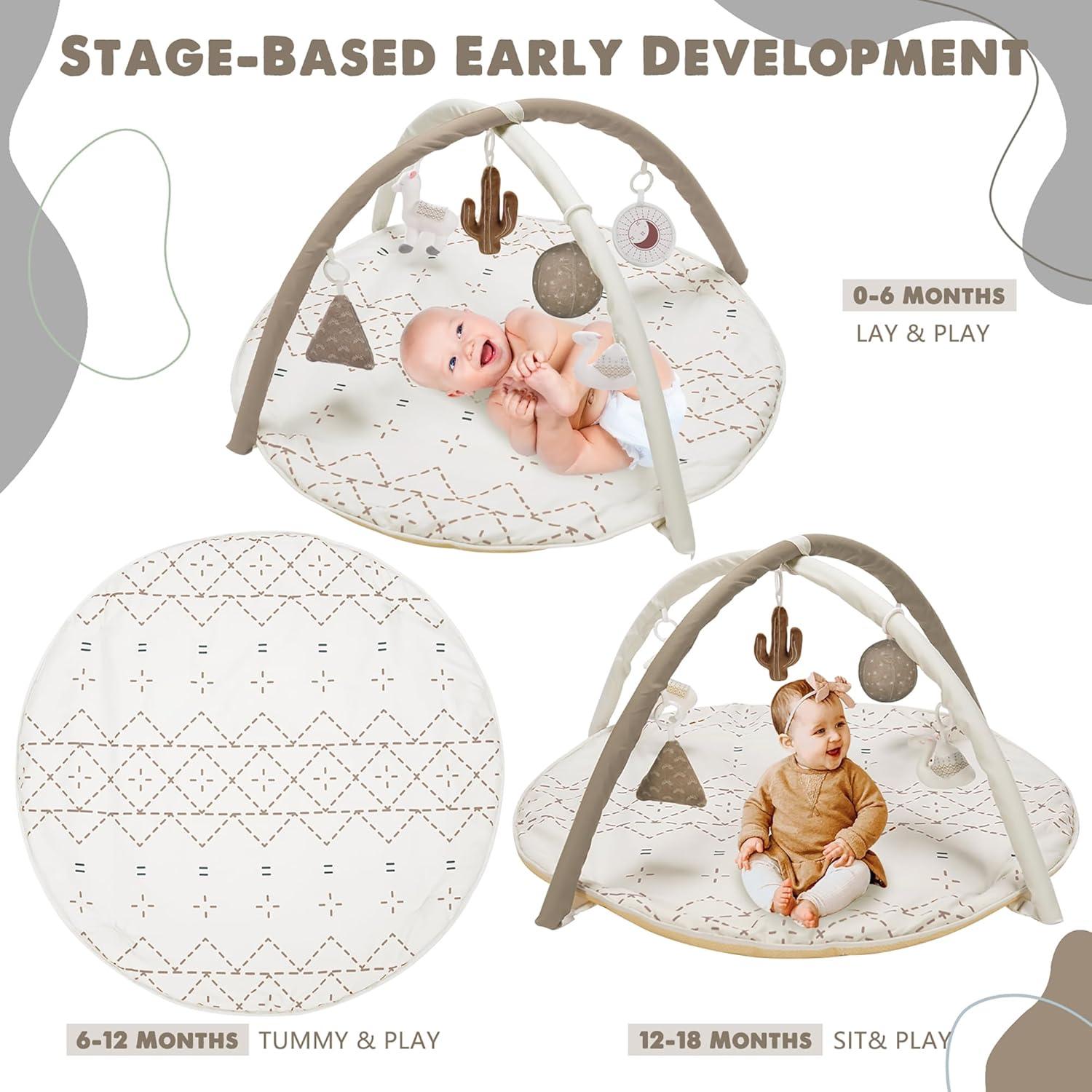 imageTummy Time Mat with 6 Toys Macrame Baby Play Mat for Newborn Baby Gym with 12 Milestone Cards StageBased Sensory and Motor Skill Development Baby Play Gym Non Slip Mat Washable KhakiKhaki