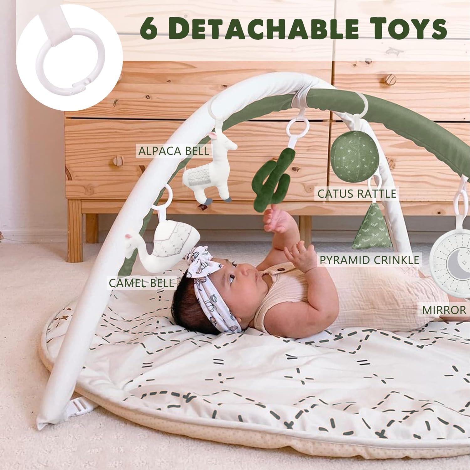 imageTummy Time Mat with 6 Toys Macrame Baby Play Mat for Newborn Baby Gym with 12 Milestone Cards StageBased Sensory and Motor Skill Development Baby Play Gym Non Slip Mat Washable KhakiGreen
