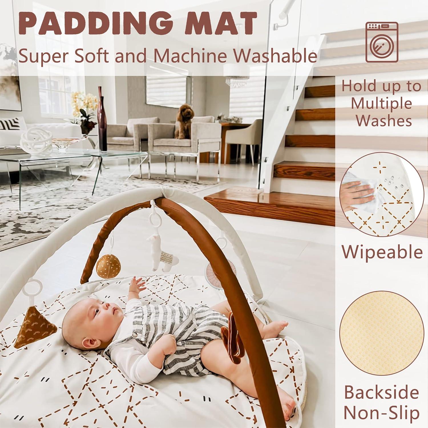 imageTummy Time Mat with 6 Toys Macrame Baby Play Mat for Newborn Baby Gym with 12 Milestone Cards StageBased Sensory and Motor Skill Development Baby Play Gym Non Slip Mat Washable KhakiMacrame