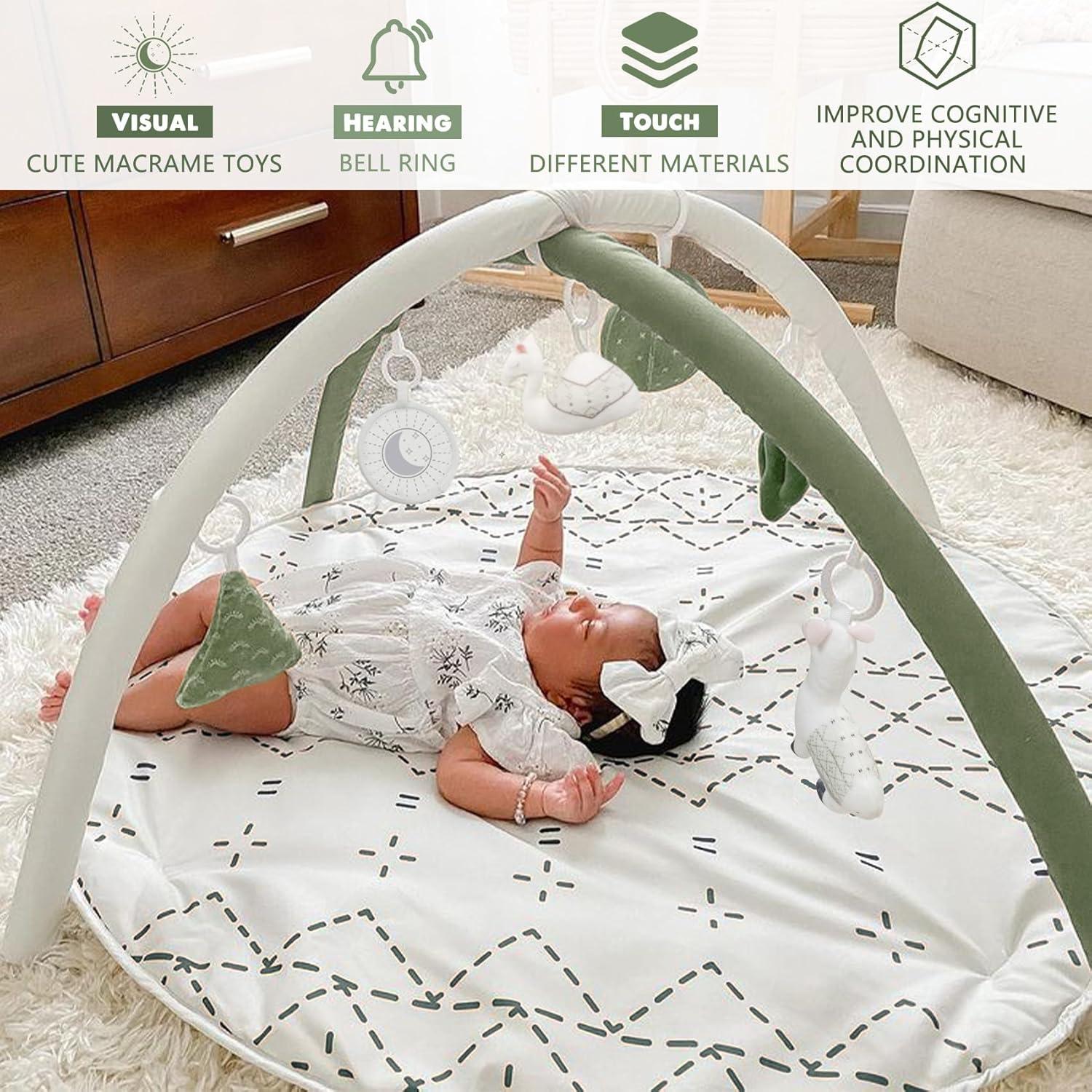imageTummy Time Mat with 6 Toys Macrame Baby Play Mat for Newborn Baby Gym with 12 Milestone Cards StageBased Sensory and Motor Skill Development Baby Play Gym Non Slip Mat Washable KhakiGreen