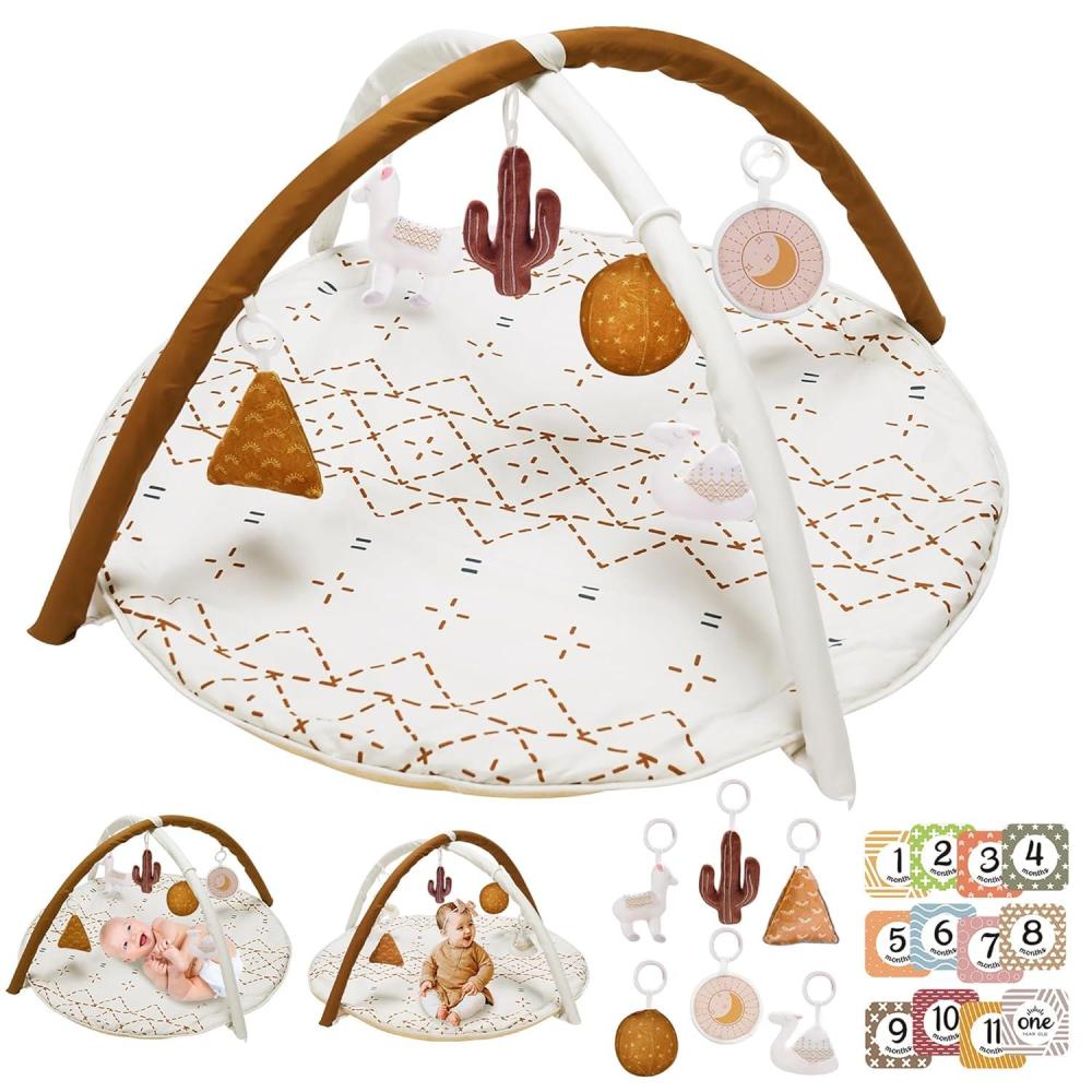 imageTummy Time Mat with 6 Toys Macrame Baby Play Mat for Newborn Baby Gym with 12 Milestone Cards StageBased Sensory and Motor Skill Development Baby Play Gym Non Slip Mat Washable KhakiMacrame