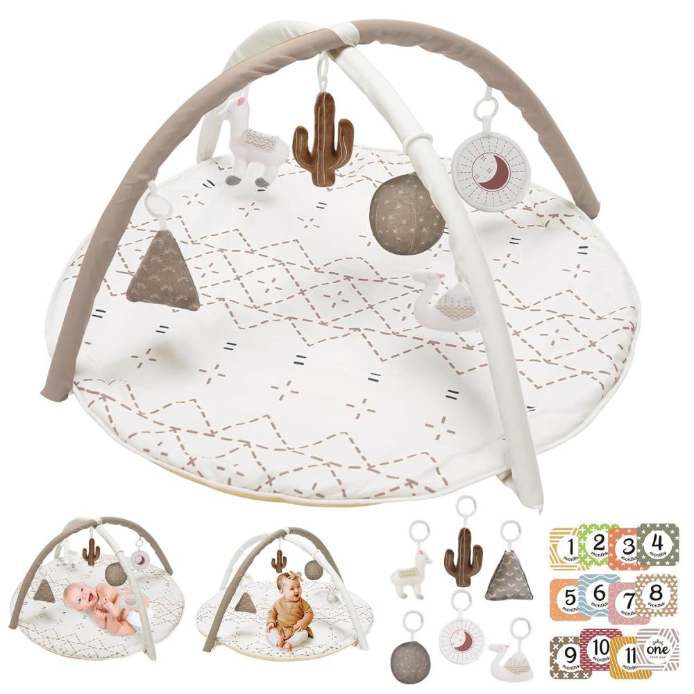 imageTummy Time Mat with 6 Toys Macrame Baby Play Mat for Newborn Baby Gym with 12 Milestone Cards StageBased Sensory and Motor Skill Development Baby Play Gym Non Slip Mat Washable KhakiKhaki