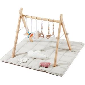 imageBaby Gym with Mat Wooden Play Gym with 9 Sensory Toys Foldable Baby Play GymFrame Activity Center Natural Pine Wood Montessori Toys Easy to Assemble ampamp Clean Natural ColorWooden Baby Gym With Mat