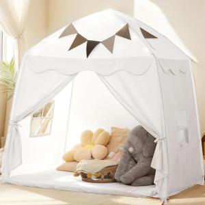 imageExtra Large Kids Play Tent with Flags ampamp Star Lights Portable ampamp Foldable Teepee Bed Tent Bed Canopy for Boys ampamp Girls Indoor Outdoor Dome Tent Playhouse Kids Birthday Gift 59x39x59 inBrownWhite