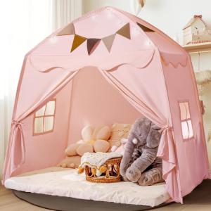imageExtra Large Kids Play Tent with Flags ampamp Star Lights Portable ampamp Foldable Teepee Bed Tent Bed Canopy for Boys ampamp Girls Indoor Outdoor Dome Tent Playhouse Kids Birthday Gift 59x39x59 inBrownPink