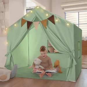 imageKids Play Tent Large Kids Playhouse with String Lights and Flag Garland Bed Tent with 2 Windows Machine Washable Reading Nook Indoor ampamp Outdoor Perfect Present for Girls ampamp Boys 52x35x51 in Green