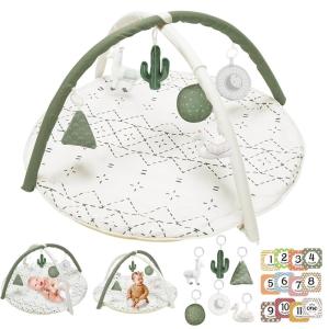 imageTummy Time Mat with 6 Toys Macrame Baby Play Mat for Newborn Baby Gym with 12 Milestone Cards StageBased Sensory and Motor Skill Development Baby Play Gym Non Slip Mat Washable KhakiGreen
