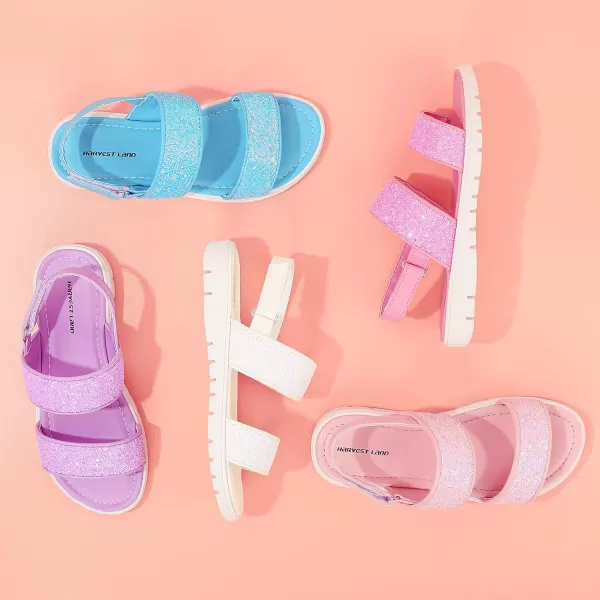 Harvest Land Girls Glitter Sandals Two Strap Open Toe Hook and Loop Summer Flats Shoes with Slingback 