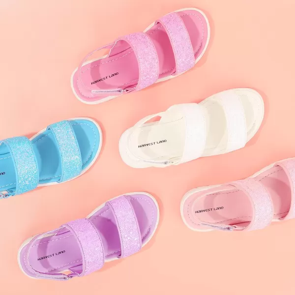 Harvest Land Girls Glitter Sandals Two Strap Open Toe Hook and Loop Summer Flats Shoes with Slingback 