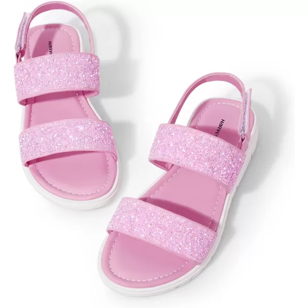 Harvest Land Girls Glitter Sandals Two Strap Open Toe Hook and Loop Summer Flats Shoes with Slingback 