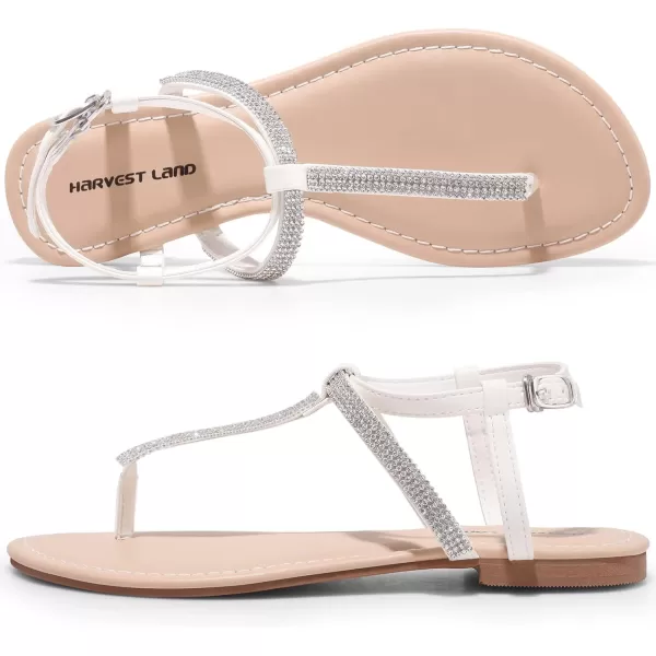Harvest Land Women's Sandals Dressy T Strap with Rhinestone Sparkly Wedding Flat Sandals Ankle Strap Summer Gladiator Fashion Shoes
