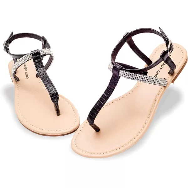 Harvest Land Women's Sandals Dressy T Strap with Rhinestone Sparkly Wedding Flat Sandals Ankle Strap Summer Gladiator Fashion Shoes