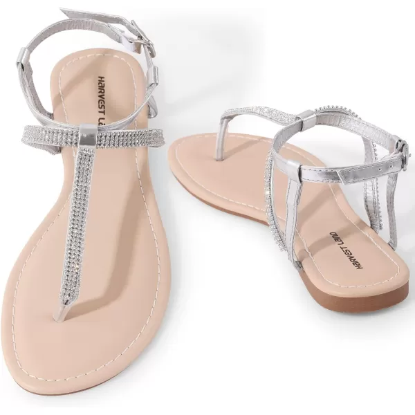 Harvest Land Women's Sandals Dressy T Strap with Rhinestone Sparkly Wedding Flat Sandals Ankle Strap Summer Gladiator Fashion Shoes