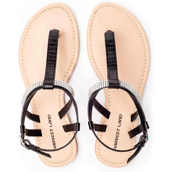 Harvest Land Women's Sandals Dressy T Strap with Rhinestone Sparkly Wedding Flat Sandals Ankle Strap Summer Gladiator Fashion Shoes