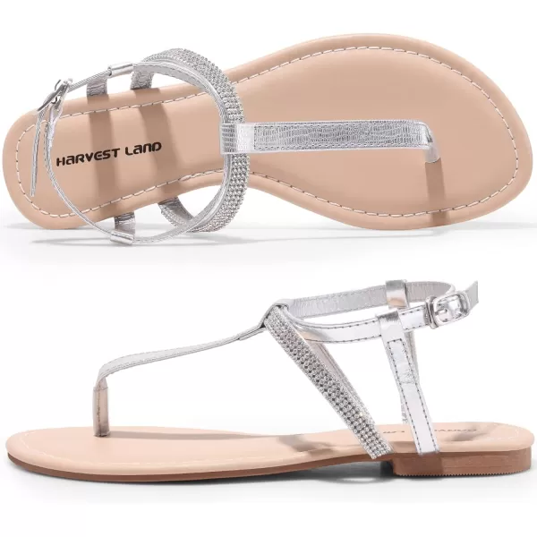 Harvest Land Women's Sandals Dressy T Strap with Rhinestone Sparkly Wedding Flat Sandals Ankle Strap Summer Gladiator Fashion Shoes