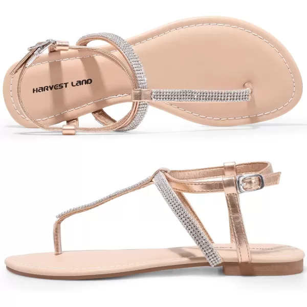 Harvest Land Women's Sandals Dressy T Strap with Rhinestone Sparkly Wedding Flat Sandals Ankle Strap Summer Gladiator Fashion Shoes