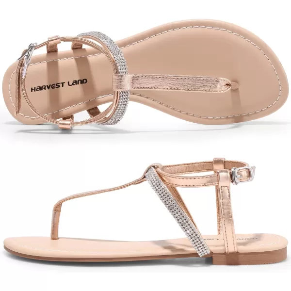 Harvest Land Women's Sandals Dressy T Strap with Rhinestone Sparkly Wedding Flat Sandals Ankle Strap Summer Gladiator Fashion Shoes