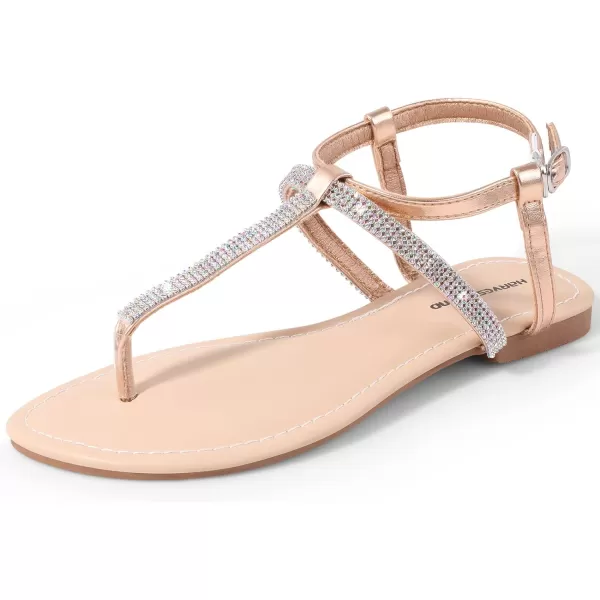 Harvest Land Women's Sandals Dressy T Strap with Rhinestone Sparkly Wedding Flat Sandals Ankle Strap Summer Gladiator Fashion Shoes