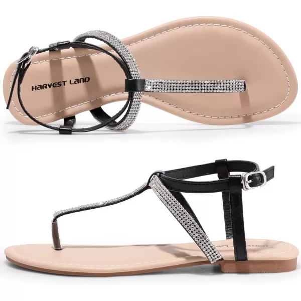 Harvest Land Women's Sandals Dressy T Strap with Rhinestone Sparkly Wedding Flat Sandals Ankle Strap Summer Gladiator Fashion Shoes