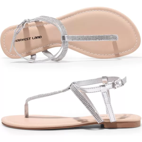 Harvest Land Women's Sandals Dressy T Strap with Rhinestone Sparkly Wedding Flat Sandals Ankle Strap Summer Gladiator Fashion Shoes