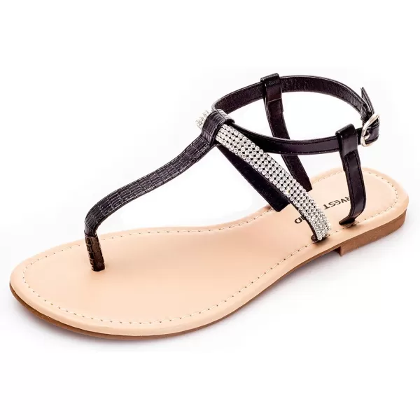 Harvest Land Women's Sandals Dressy T Strap with Rhinestone Sparkly Wedding Flat Sandals Ankle Strap Summer Gladiator Fashion Shoes
