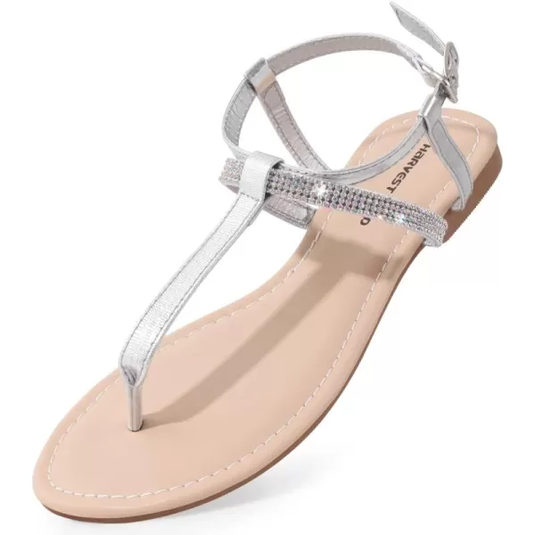 Harvest Land Women's Sandals Dressy T Strap with Rhinestone Sparkly Wedding Flat Sandals Ankle Strap Summer Gladiator Fashion Shoes