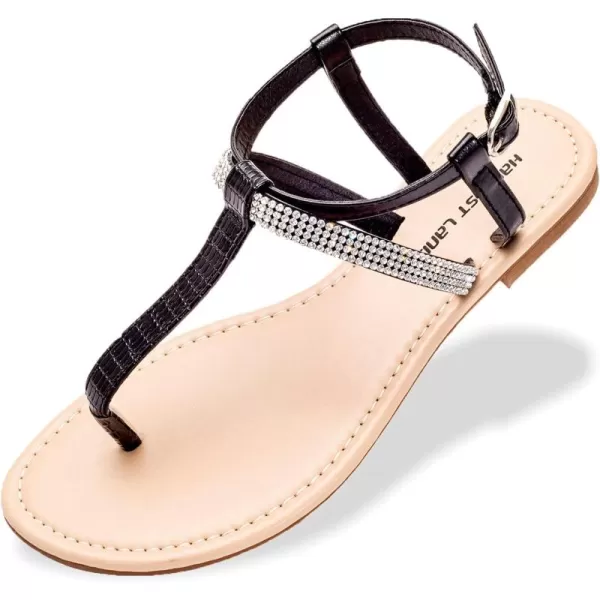 Harvest Land Women's Sandals Dressy T Strap with Rhinestone Sparkly Wedding Flat Sandals Ankle Strap Summer Gladiator Fashion Shoes