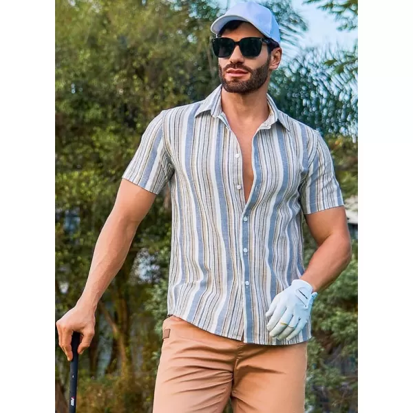JMIERR Men's Casual Stylish Short Sleeve Button-Up Striped Dress Shirts Cotton Beach Shirt