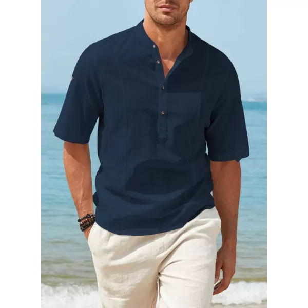 JMIERR Mens Cotton Linen Henley Shirt Casual Button Down Short Sleeve Tropical Shirts Summer Beach T Shirts