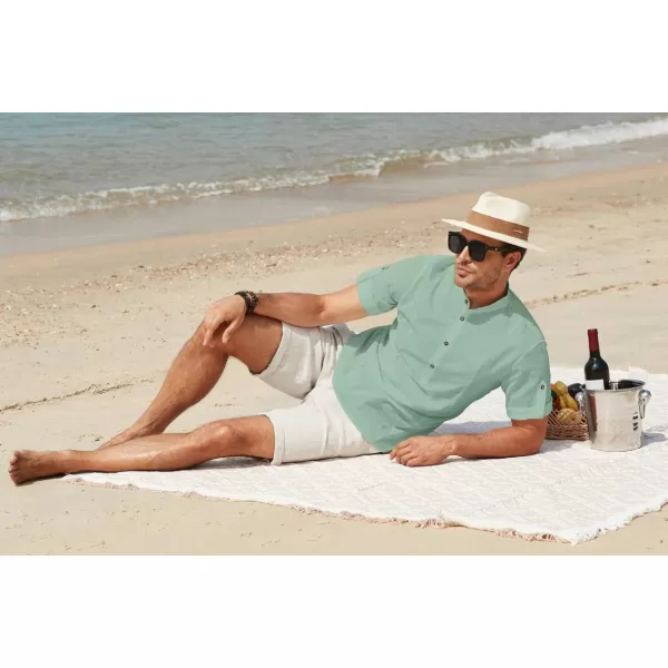 JMIERR Mens Cotton Linen Henley Shirt Casual Button Down Short Sleeve Tropical Shirts Summer Beach T Shirts