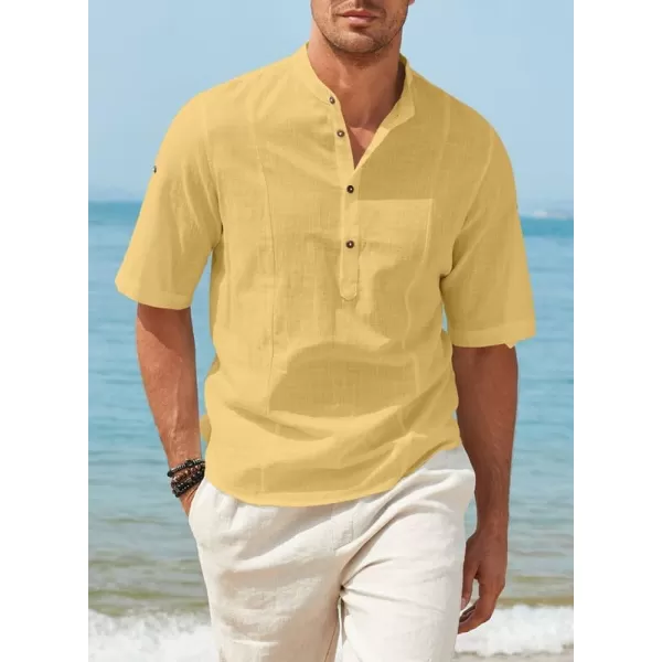 JMIERR Mens Cotton Linen Henley Shirt Casual Button Down Short Sleeve Tropical Shirts Summer Beach T Shirts