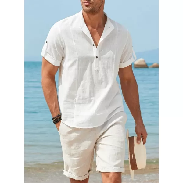 JMIERR Mens Cotton Linen Henley Shirt Casual Button Down Short Sleeve Tropical Shirts Summer Beach T Shirts