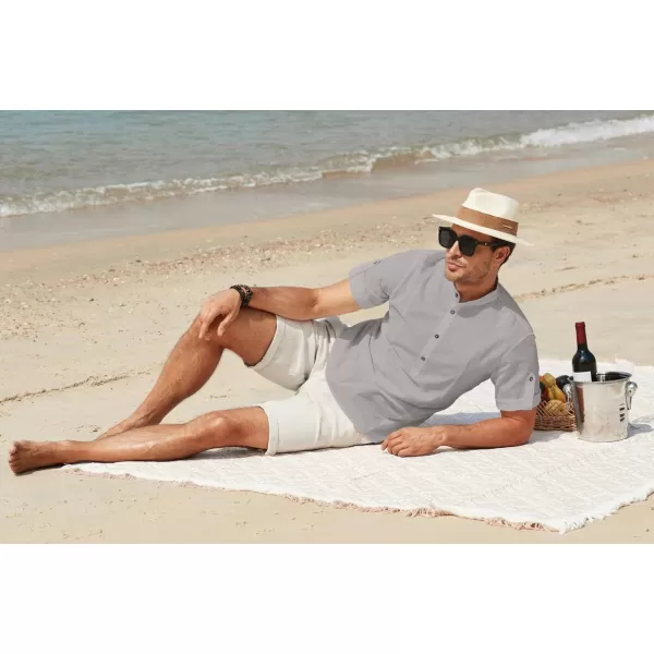 JMIERR Mens Cotton Linen Henley Shirt Casual Button Down Short Sleeve Tropical Shirts Summer Beach T Shirts